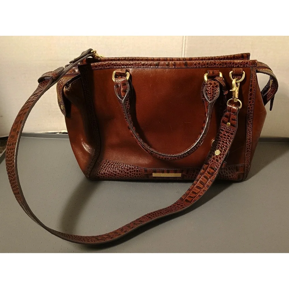 Brahmin Satchel Bag Womens Medium Brown Croc Embossed Leather Crossbody